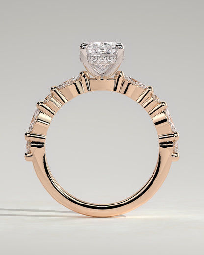 Cali - Elongated Cushion Claw Solitaire with Marquise-Round Accent Stones and Hidden Halo Engagement Ring - Rose Two-Tone