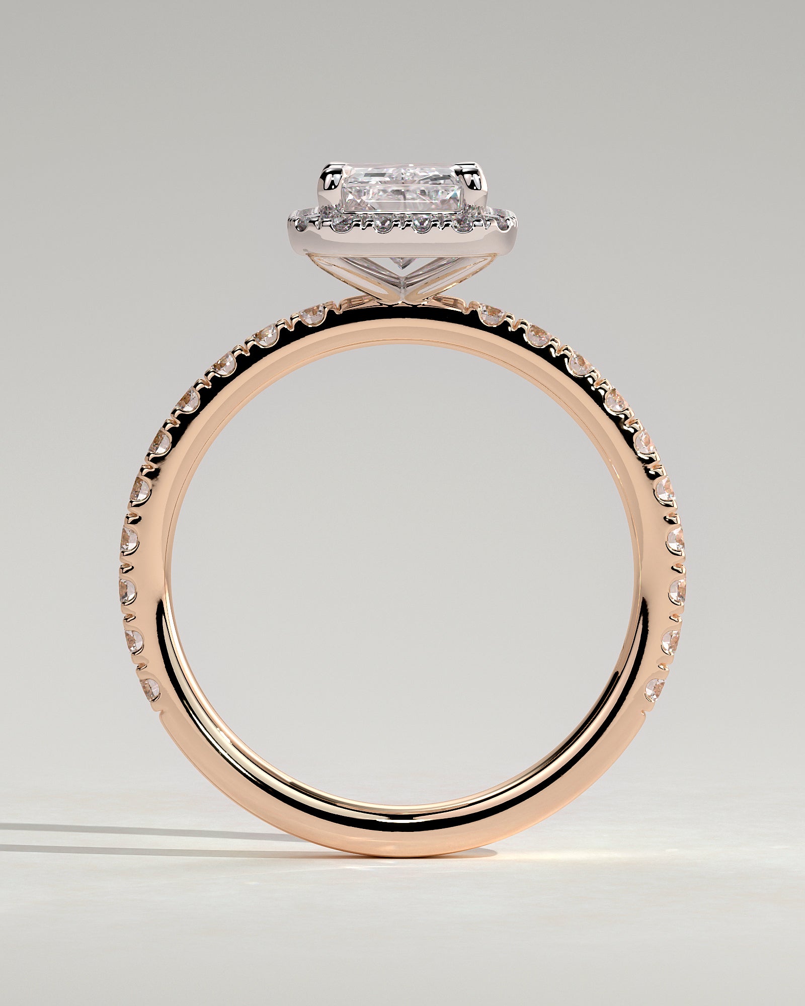 Catherine - Radiant Claw Solitaire with Halo and Pave Band Engagement Ring - Rose Two-Tone - Rose Two-Tone 2ct