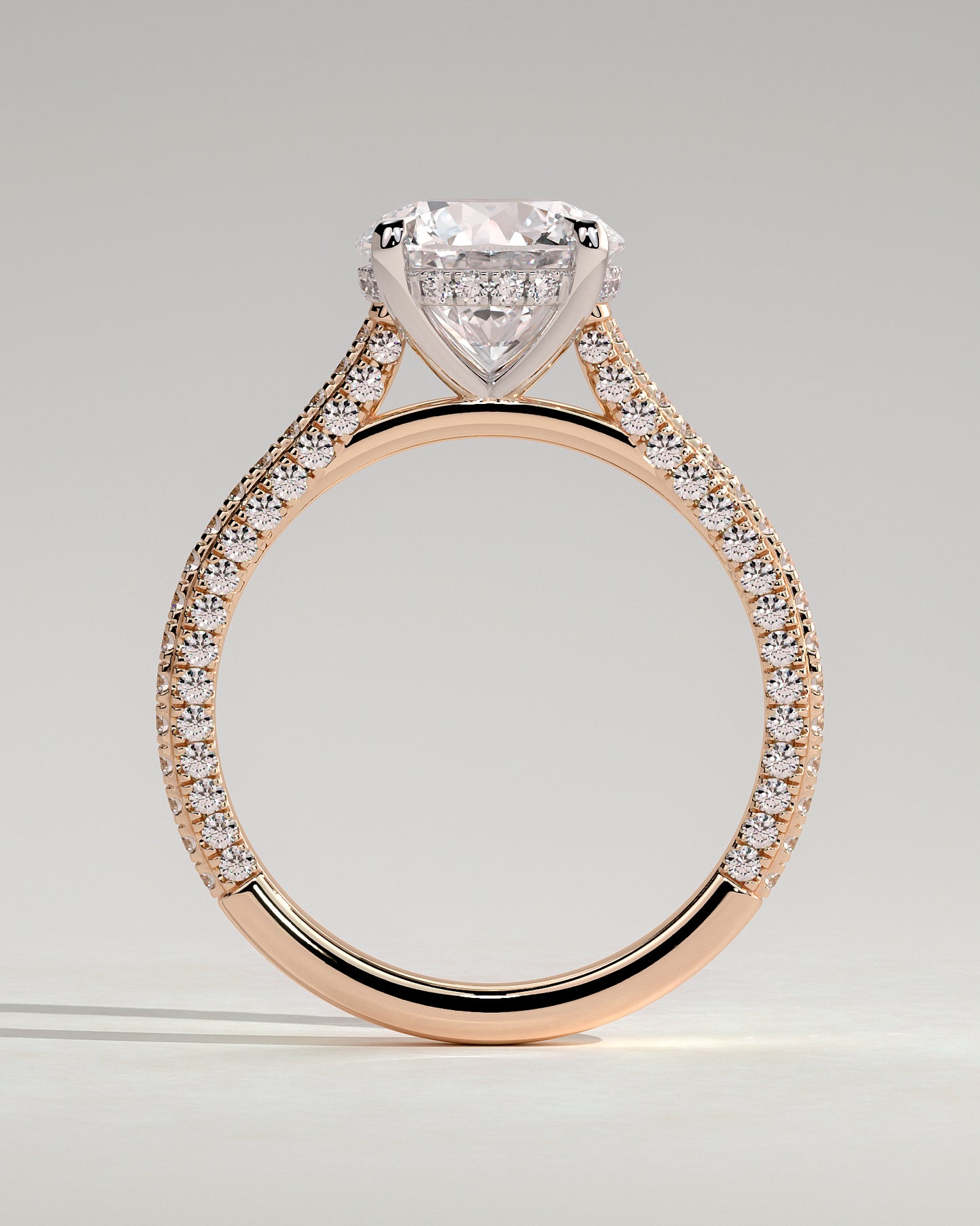 Chelsea - Round Claw Solitaire with Hidden Halo, Triple Pave Band and Cathedral High Setting Engagement Ring - Rose Two-Tone - Rose Two-Tone 2ct