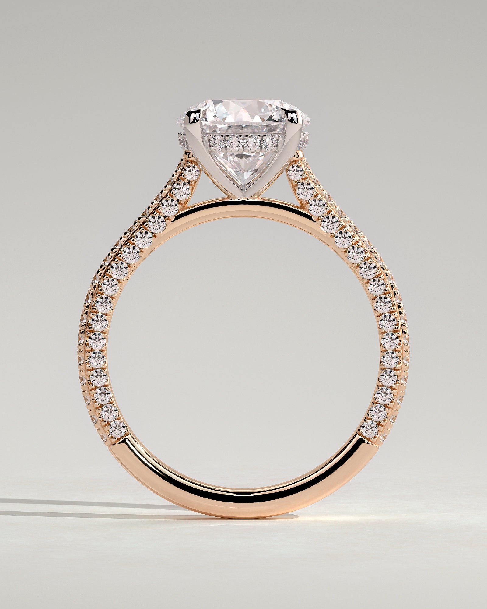 Chelsea - Round Claw Solitaire with Hidden Halo, Triple Pave Band and Cathedral High Setting Engagement Ring - Rose Two-Tone - Rose Two-Tone 2ct