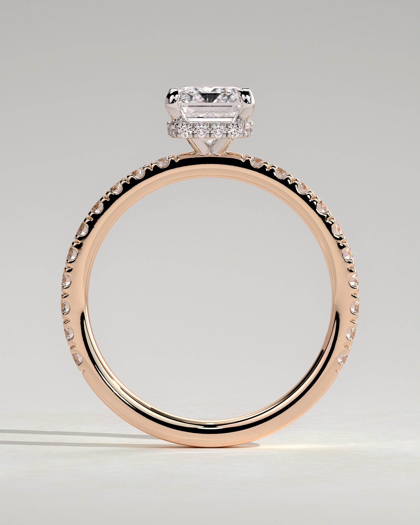 Eliana - Emerald Claw Solitaire with Wrap Around Hidden Halo and Pave Band Engagement Ring - Rose Two-Tone - Rose Two-Tone 2ct
