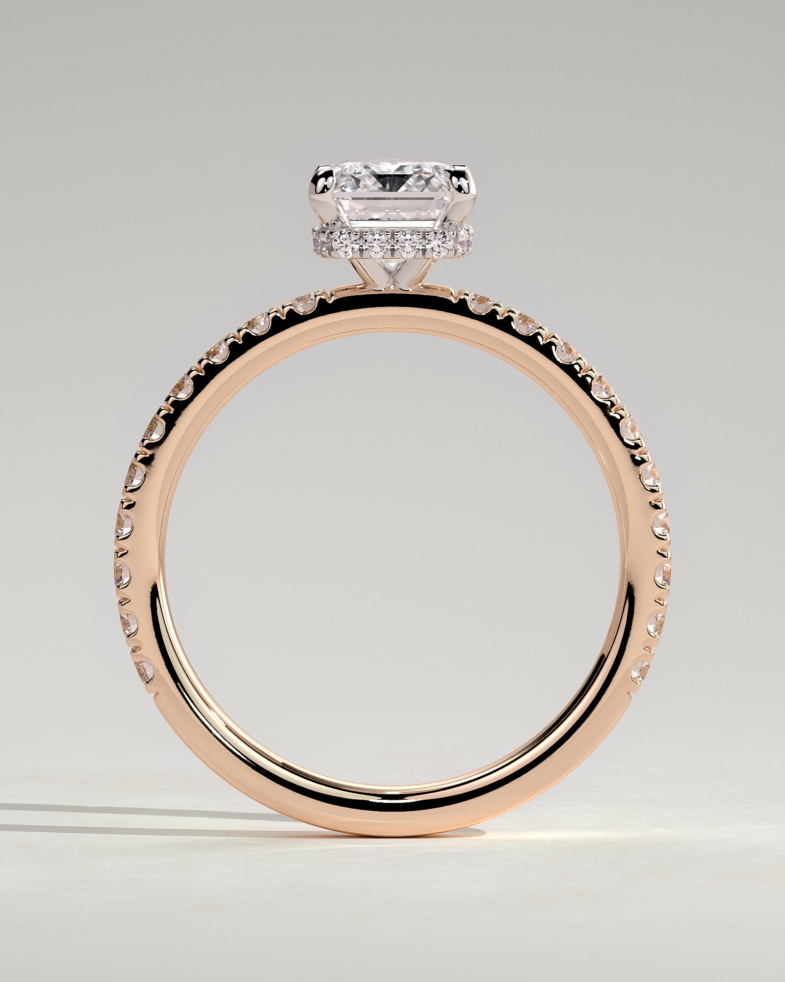 Eliana - Emerald Claw Solitaire with Wrap Around Hidden Halo and Pave Band Engagement Ring - Rose Two-Tone - Rose Two-Tone 2ct