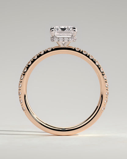 Eliana - Emerald Claw Solitaire with Wrap Around Hidden Halo and Pave Band Engagement Ring - Rose Two-Tone
