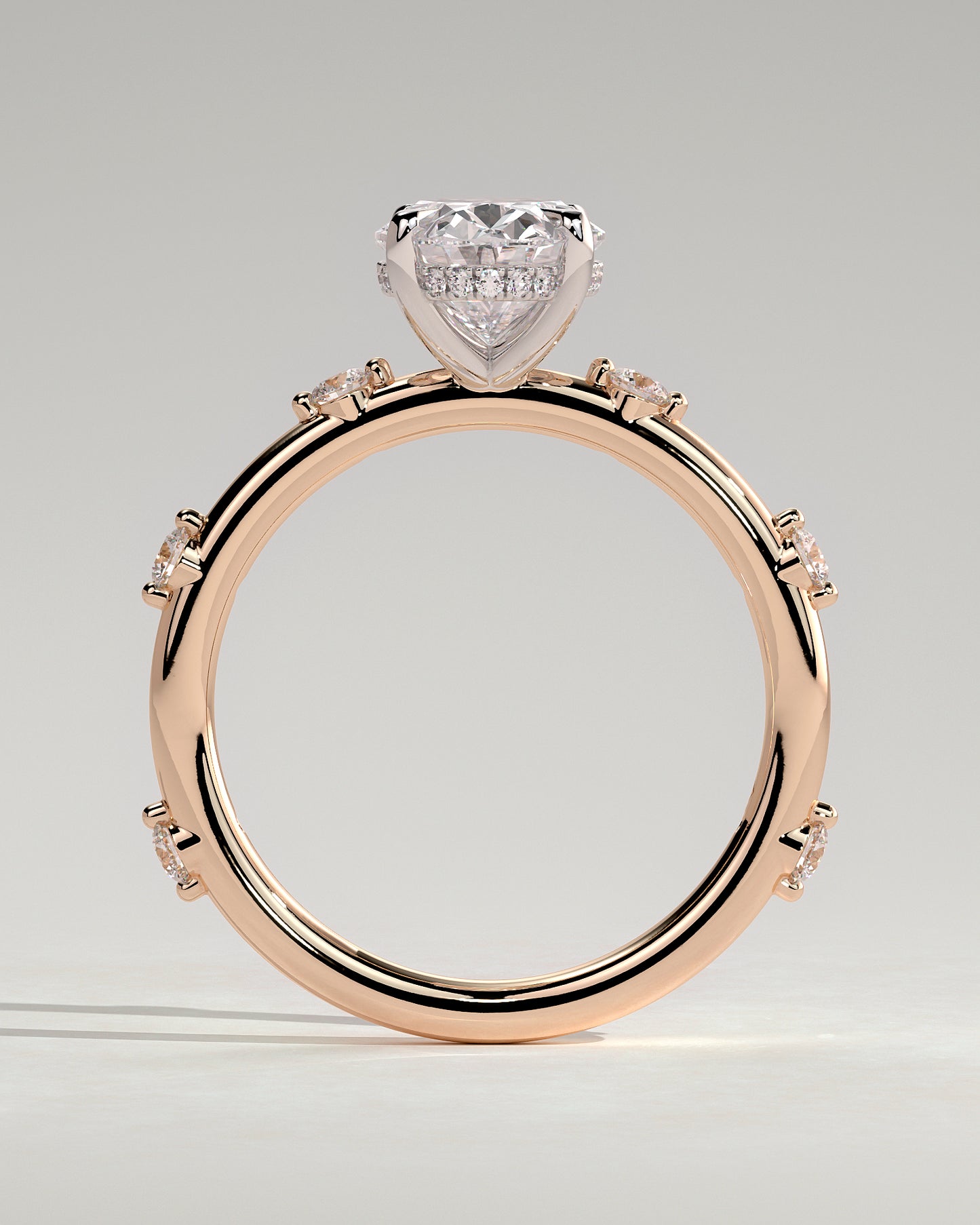 Elise - Oval Claw Solitaire with 6 Spaced Round Accent Stones and Hidden Halo Engagement Ring - Rose Two-Tone - Rose Two-Tone 2ct