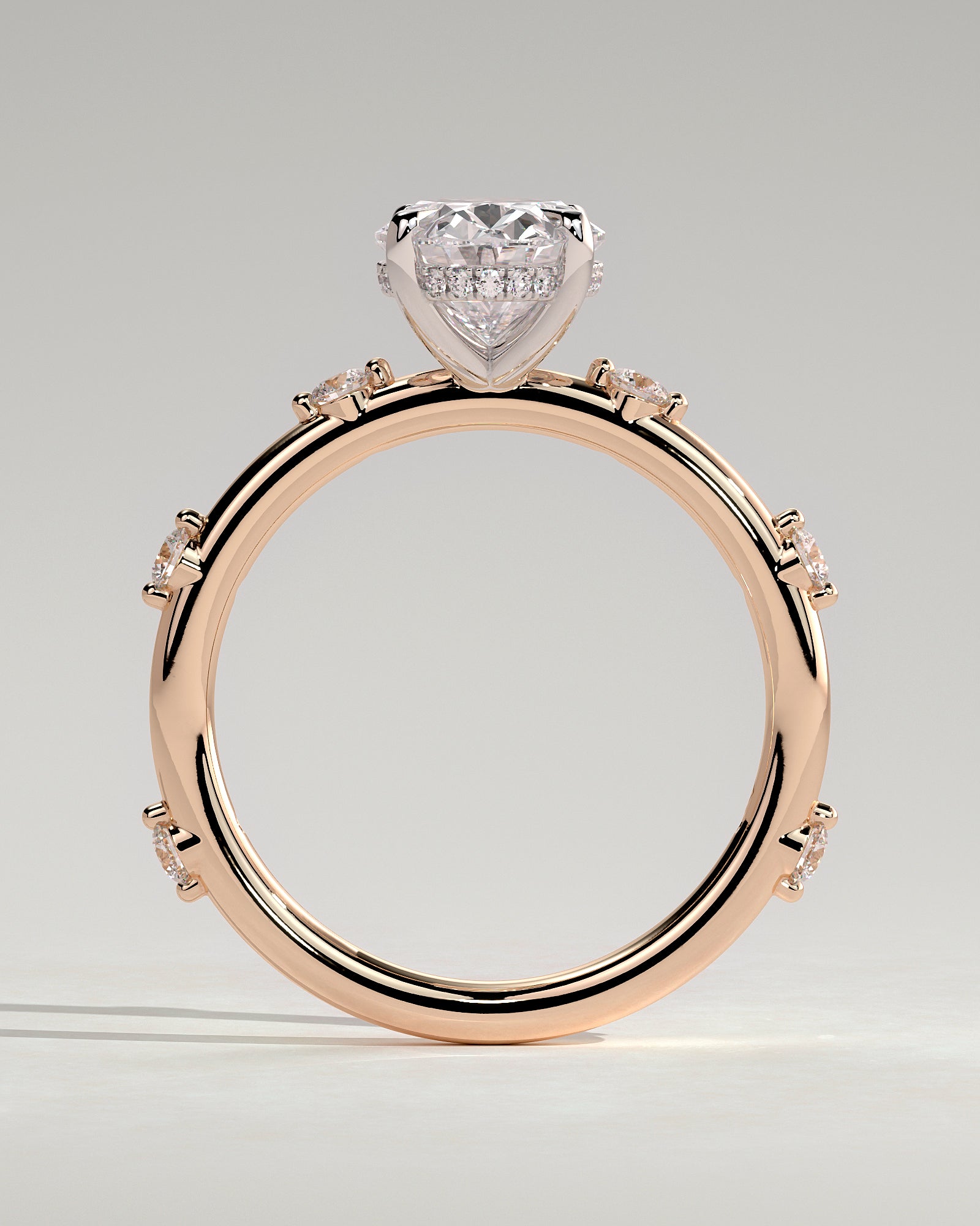 Elise - Oval Claw Solitaire with 6 Spaced Round Accent Stones and Hidden Halo Engagement Ring - Rose Two-Tone - Rose Two-Tone 2ct