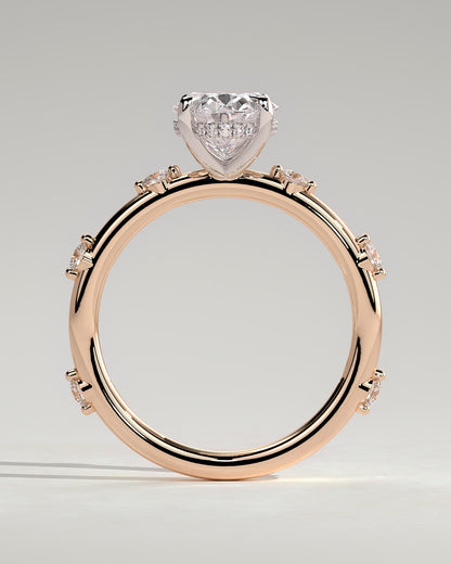 Elise - Oval Claw Solitaire with 6 Spaced Round Accent Stones and Hidden Halo Engagement Ring - Rose Two-Tone