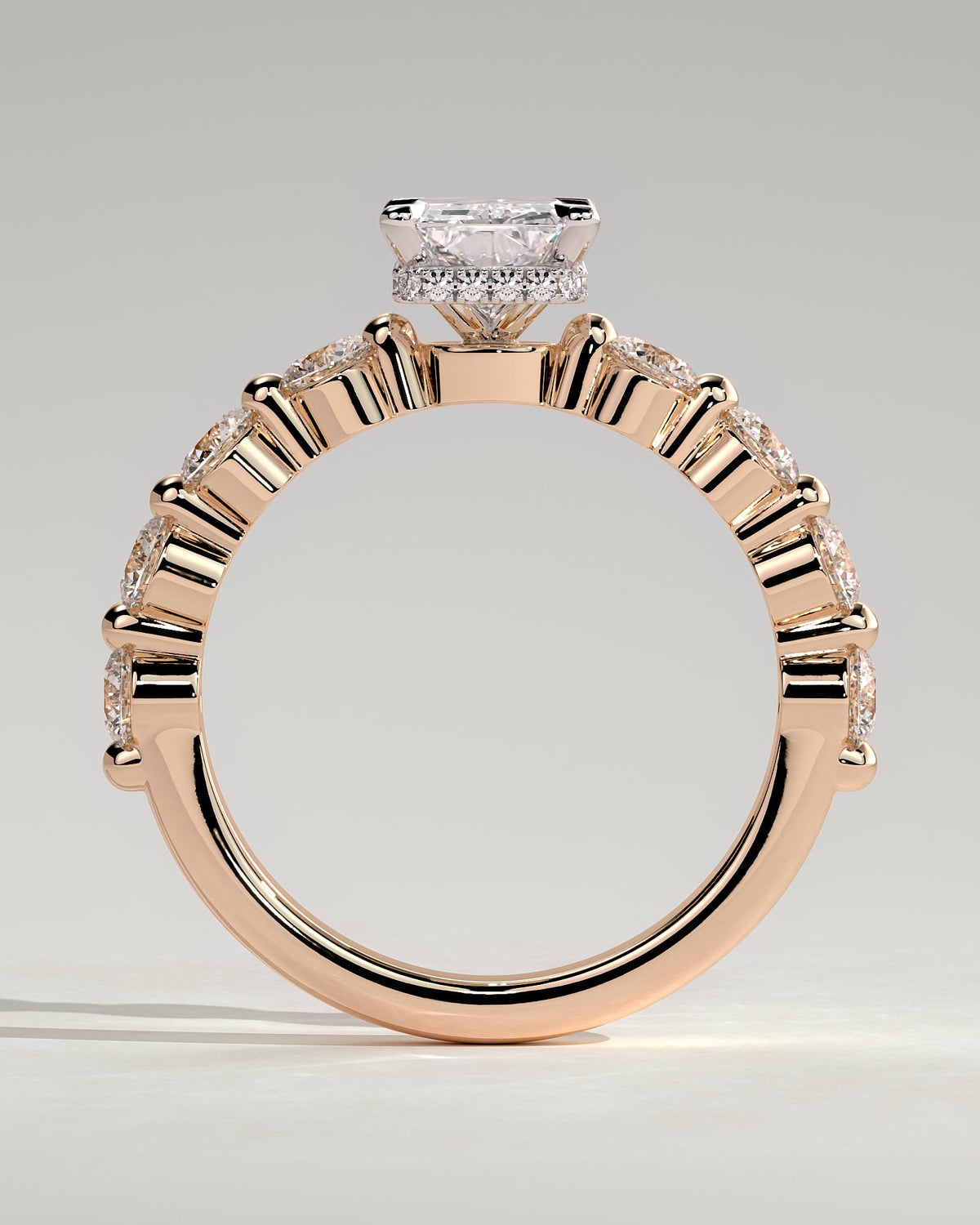 Josephine - Radiant Claw Solitaire with Round Accent Stones and Wrap Around Hidden Halo Engagement Ring - Rose Two-Tone