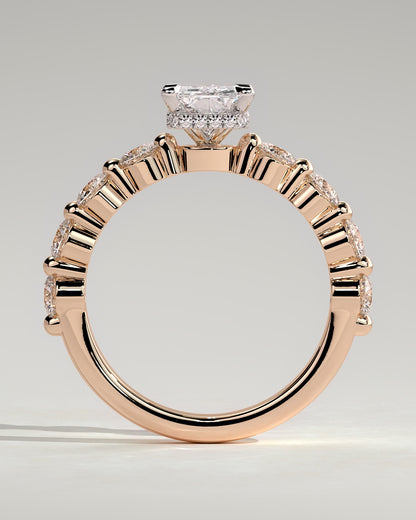 Josephine - Radiant Claw Solitaire with Round Accent Stones and Wrap Around Hidden Halo Engagement Ring - Rose Two-Tone