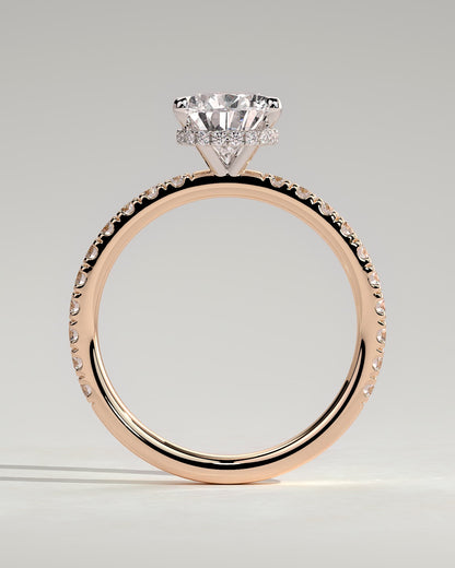 Keira - Pear Claw Solitaire with Wrap Around Hidden Halo and Pave Band Engagement Ring - Rose Two-Tone