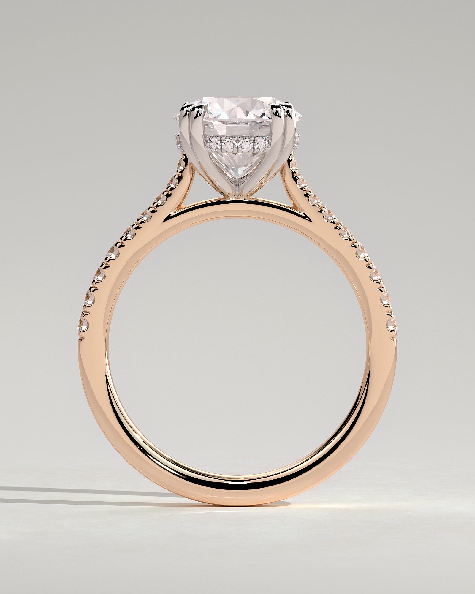 Amelia - Round Double Claw Solitaire with Hidden Halo, Tapered Pave Band and Cathedral High Setting Engagement Ring - Rose Two-Tone - Rose Two-Tone 2ct