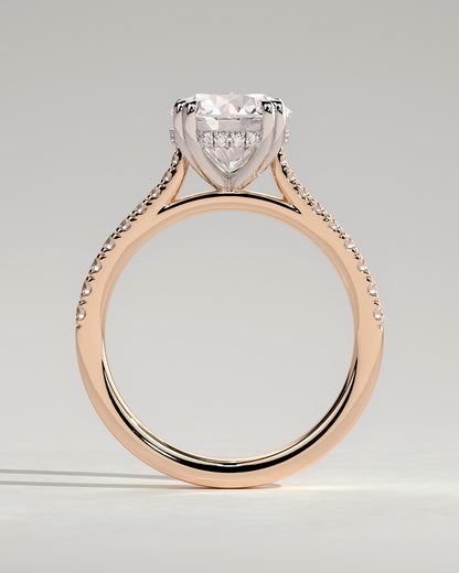 Amelia - Round Double Claw Solitaire with Hidden Halo, Tapered Pave Band and Cathedral High Setting Engagement Ring - Rose Two-Tone - rose two-tone - Lara Jewels