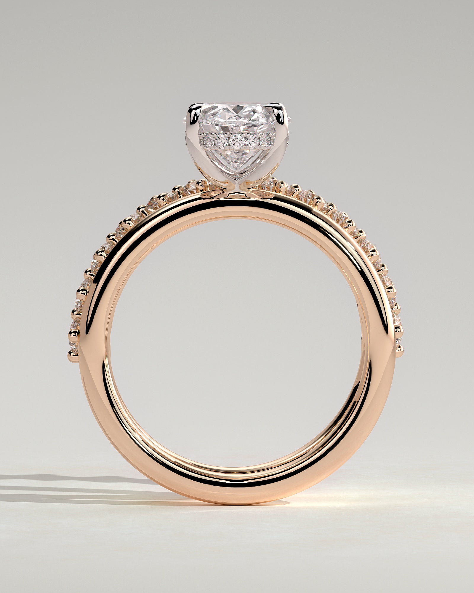 Athena - Oval Claw Solitaire with Double Plain-and-Round-Accent Stones Band Engagement Ring - Rose Two-Tone - Rose Two-Tone 2ct
