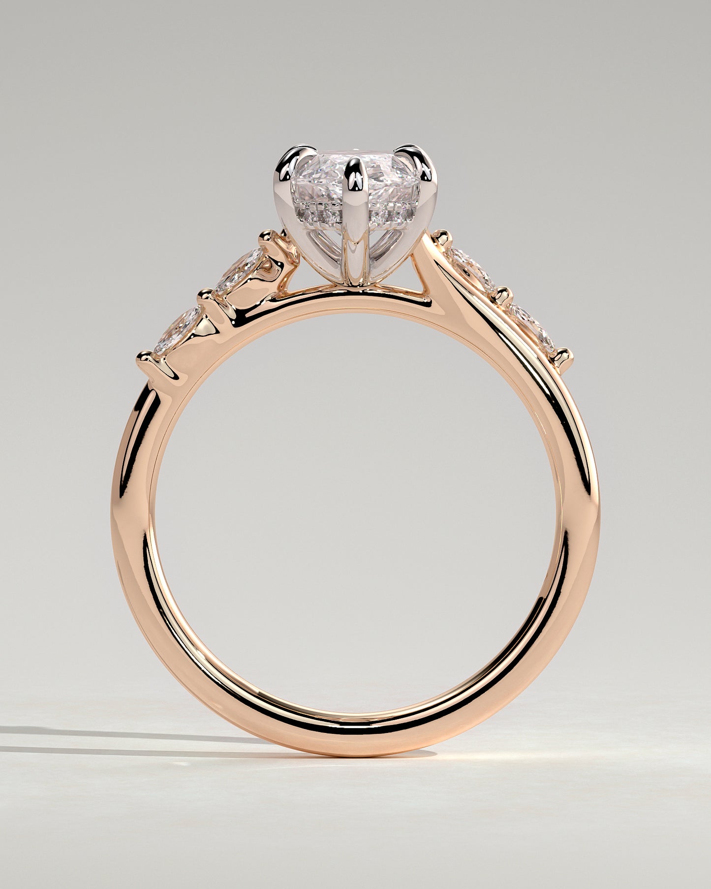 Elsie - Marquise Claw Solitaire with Hidden Halo, Opposing Marquise Accents and Cathedral High Setting Engagement Ring - Rose Two-Tone - Rose Two-Tone 2ct