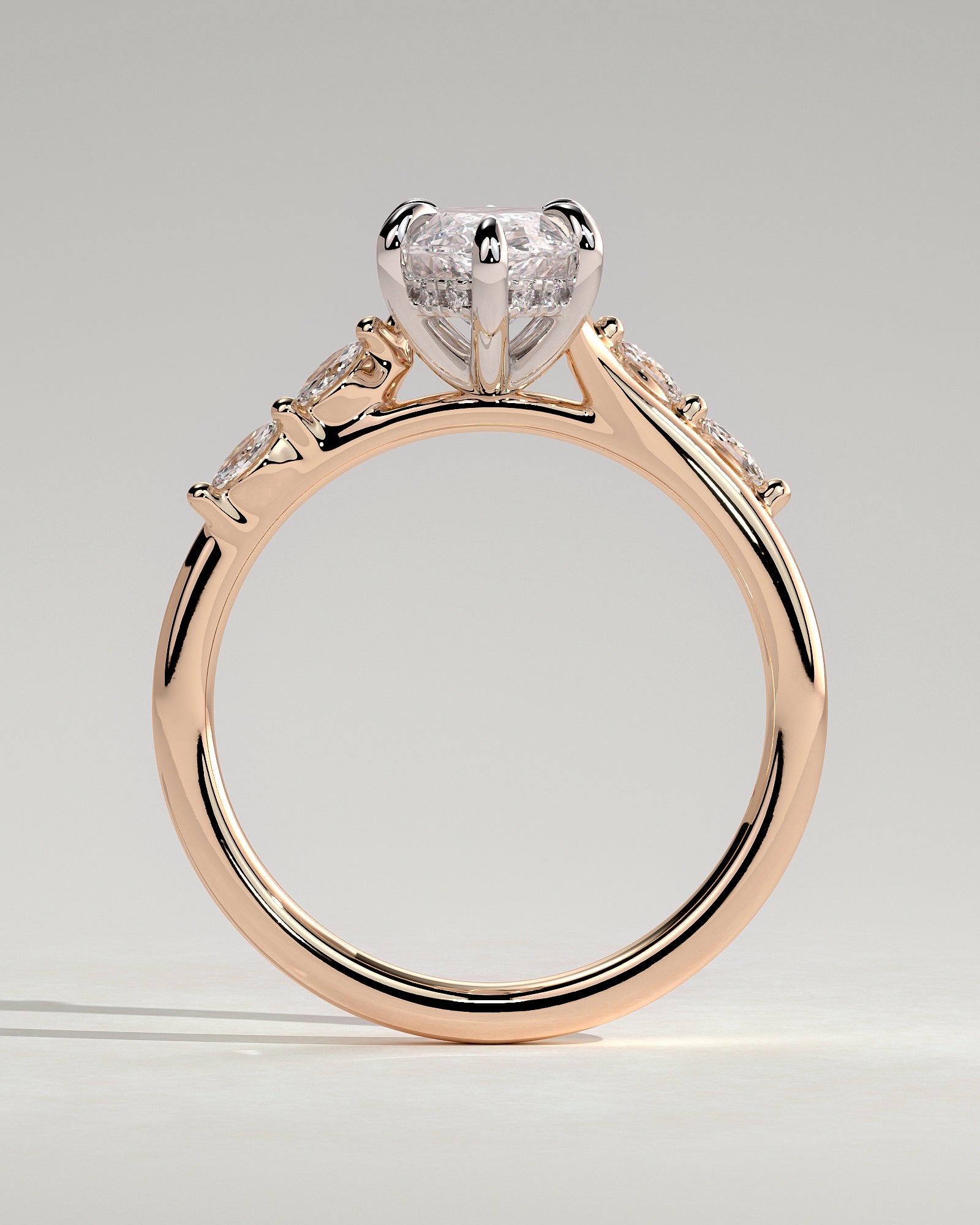 Elsie - Marquise Claw Solitaire with Hidden Halo, Opposing Marquise Accents and Cathedral High Setting Engagement Ring - Rose Two-Tone - Rose Two-Tone 2ct