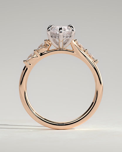 Elsie - Marquise Claw Solitaire with Hidden Halo, Opposing Marquise Accents and Cathedral High Setting Engagement Ring - Rose Two-Tone