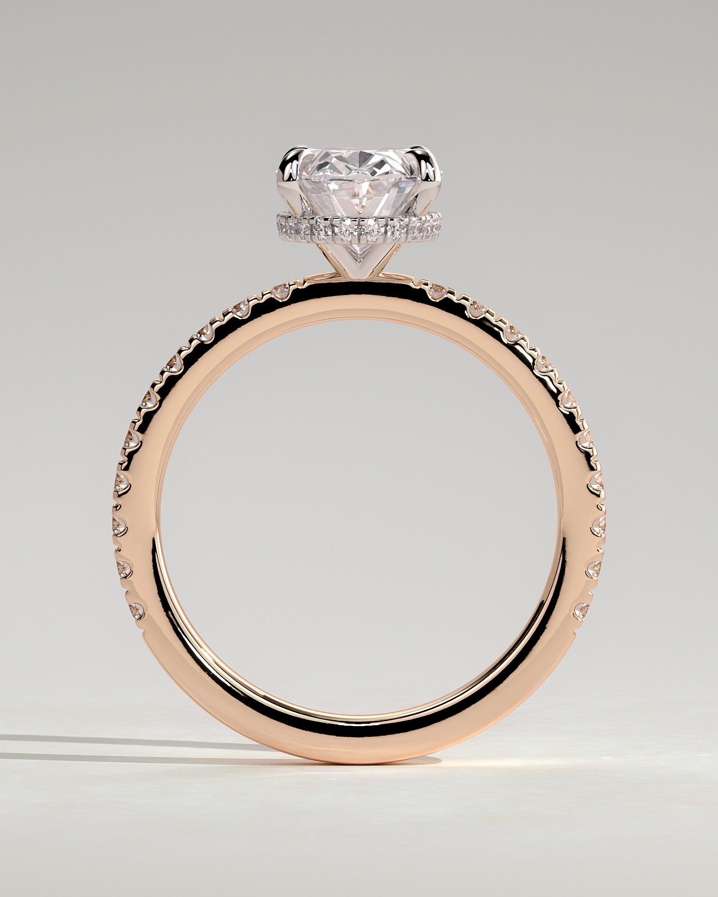 Evangeline - Oval Claw Solitaire with Wrap Around Hidden Halo and Pave Band Engagement Ring - Rose Two-Tone - Rose Two-Tone 2ct