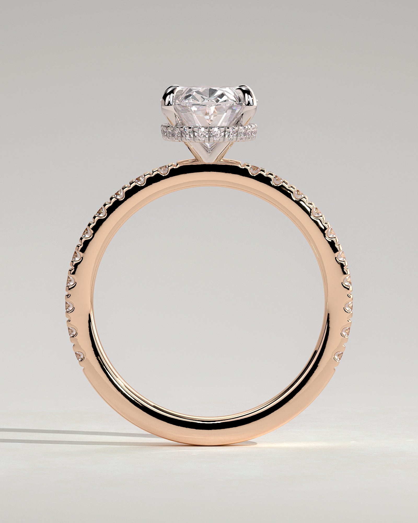 Evangeline - Oval Claw Solitaire with Wrap Around Hidden Halo and Pave Band Engagement Ring - Rose Two-Tone - Rose Two-Tone 2ct