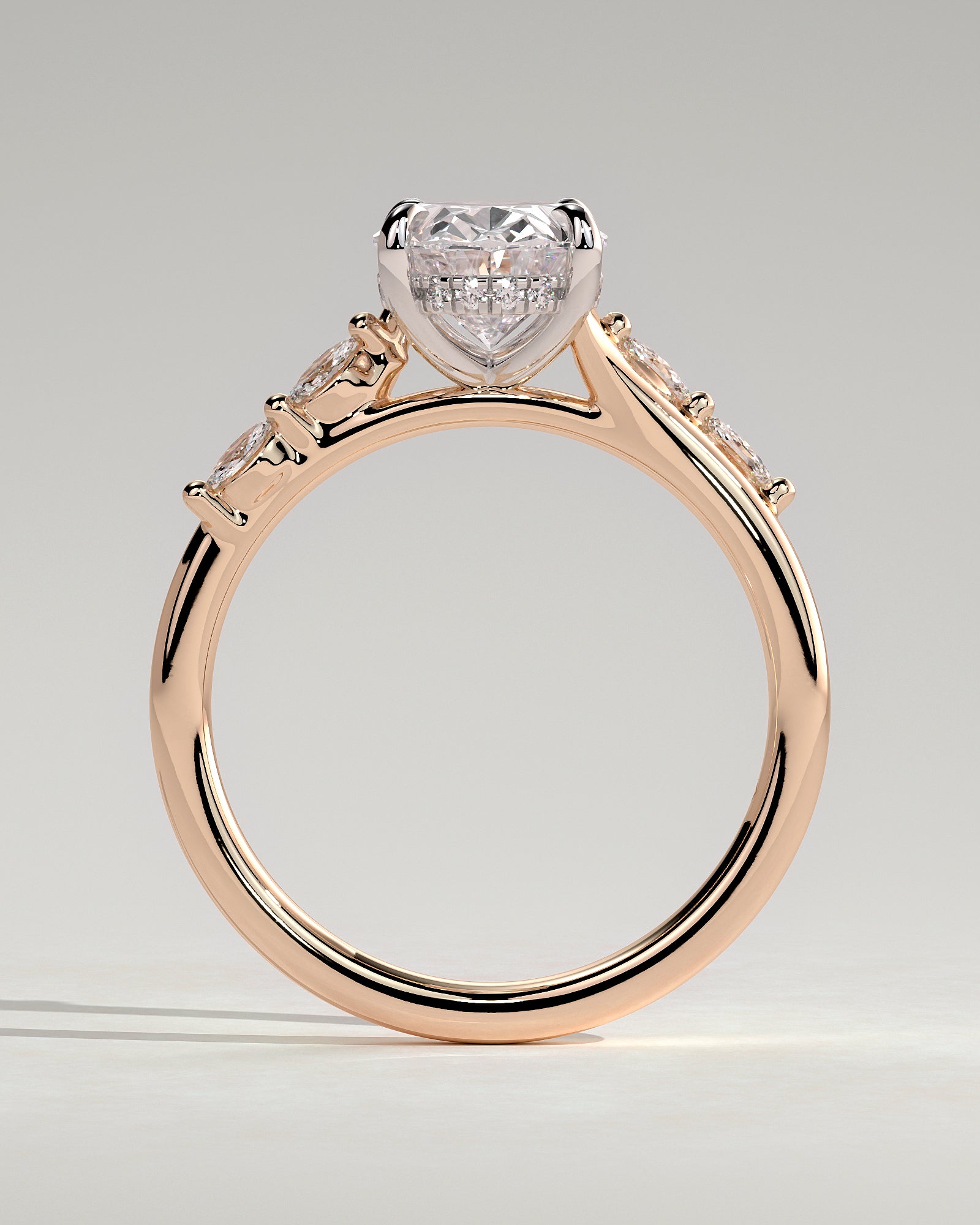 Jamie - Oval Claw Solitaire with Hidden Halo, Opposing Marquise Accents and Cathedral High Setting Engagement Ring - Rose Two-Tone - Rose Two-Tone 2ct