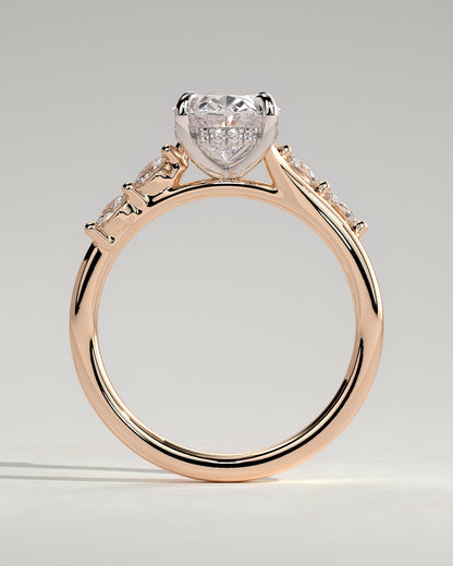Jamie - Oval Claw Solitaire with Hidden Halo, Opposing Marquise Accents and Cathedral High Setting Engagement Ring - Rose Two-Tone