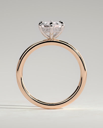 Delta - Elongated Hexagon Claw Solitaire with Hidden Halo Engagement Ring - Rose Two-Tone