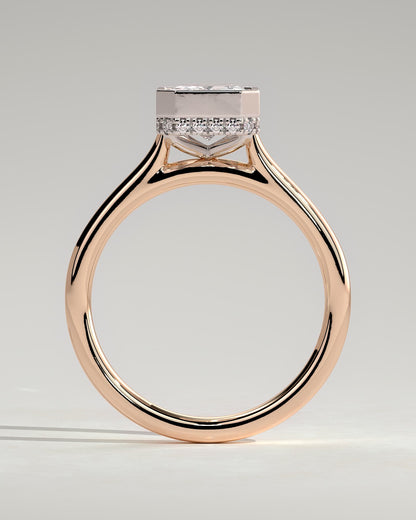 Bennie - Radiant Bezel Solitaire with Hidden Halo and Cathedral High Setting Engagement Ring - Rose Two-Tone