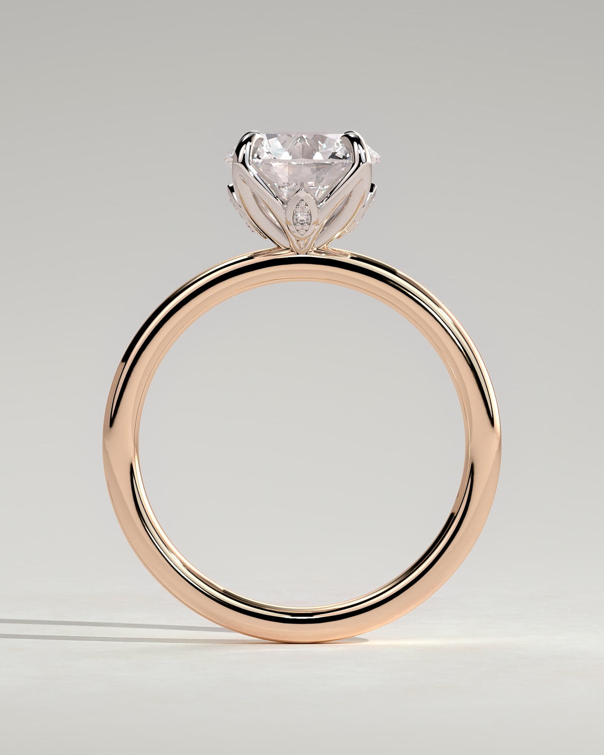 Joy - Round Claw Solitaire with Petal Gallery and Accent Leaf Detail Engagement Ring - Rose Two-Tone