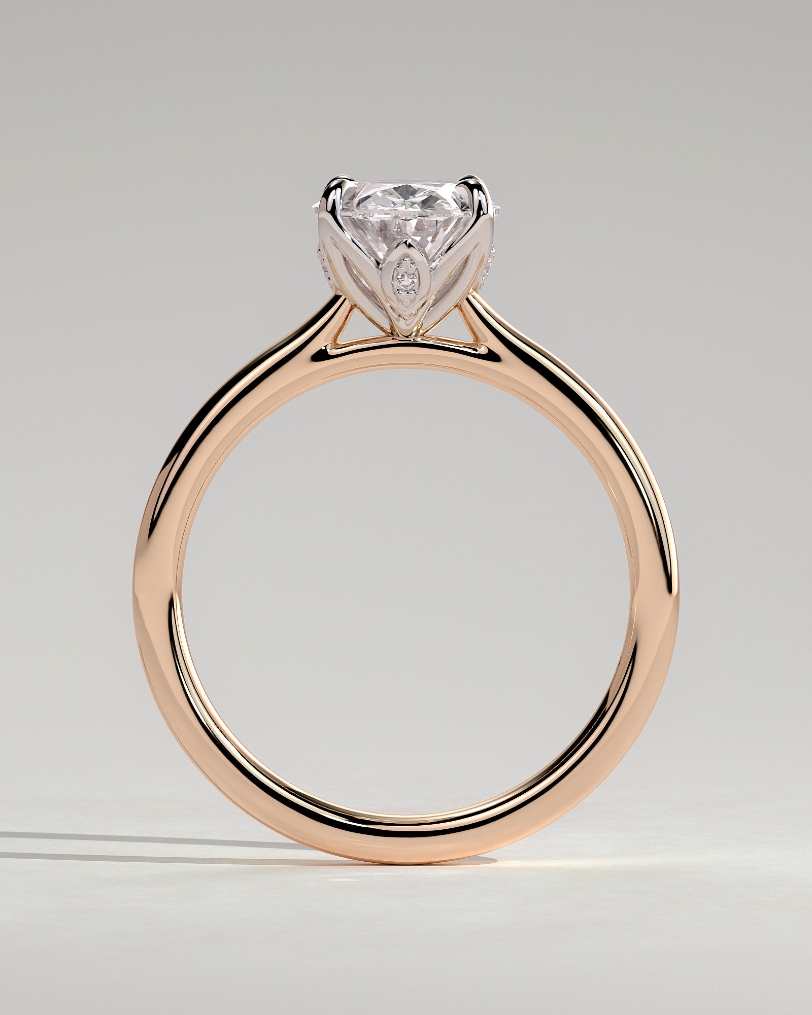 Erica - Oval Claw Solitaire with Petal Gallery, Accent Leaf Detail and Cathedral Setting Engagement Ring - Rose Two-Tone - Rose Two-Tone 2ct
