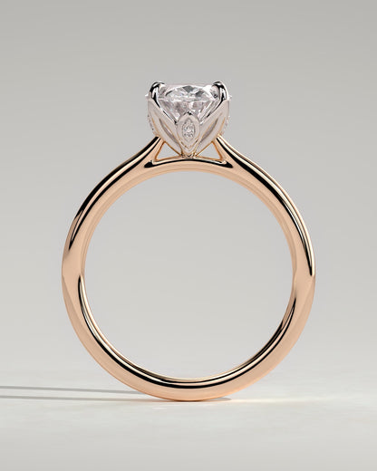Erica - Oval Claw Solitaire with Petal Gallery, Accent Leaf Detail and Cathedral Setting Engagement Ring - Rose Two-Tone