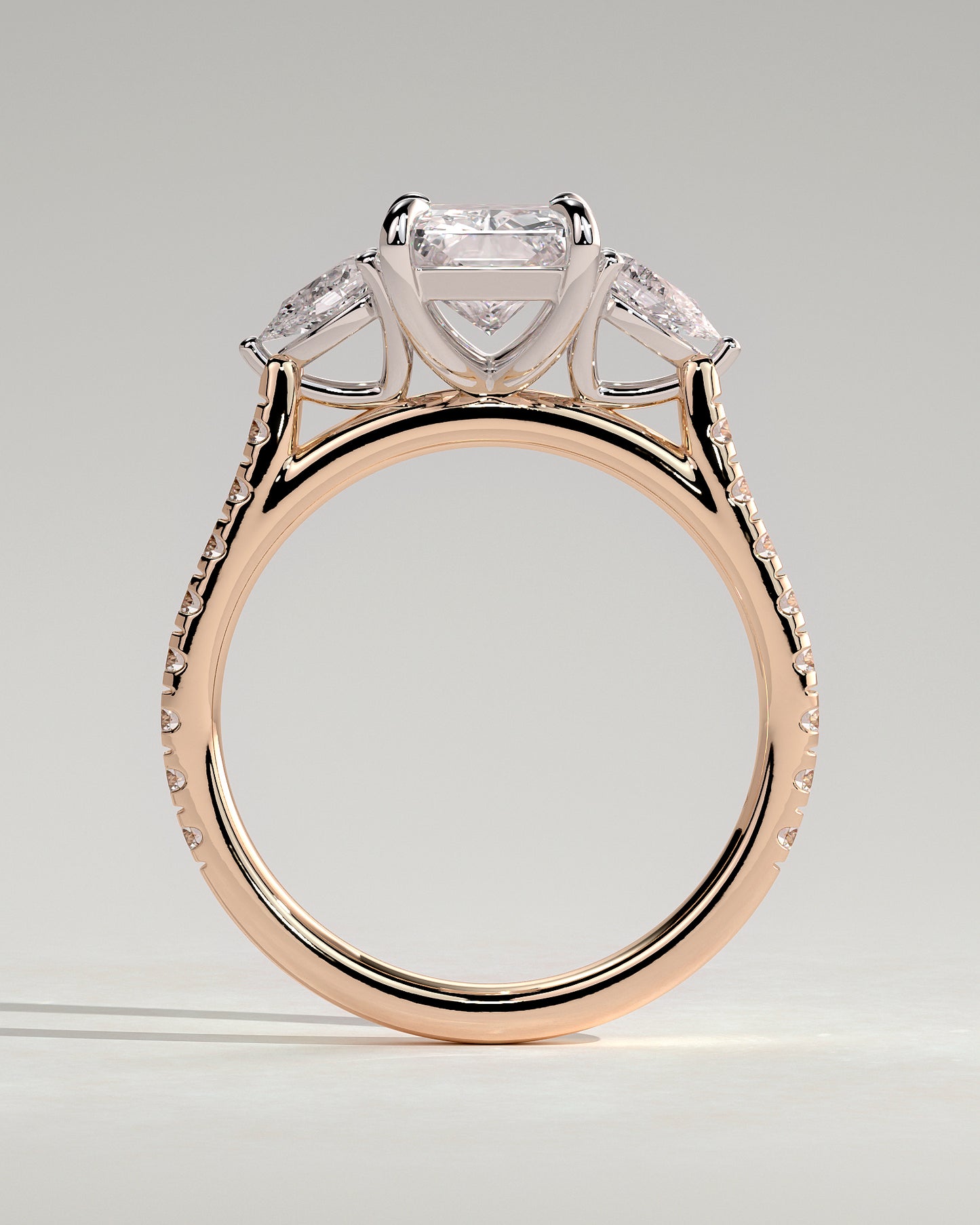 Ginny - Radiant Claw Trilogy with Pear Side Stones and Pave Band Engagement Ring - Rose Two-Tone - Rose Two-Tone 2ct