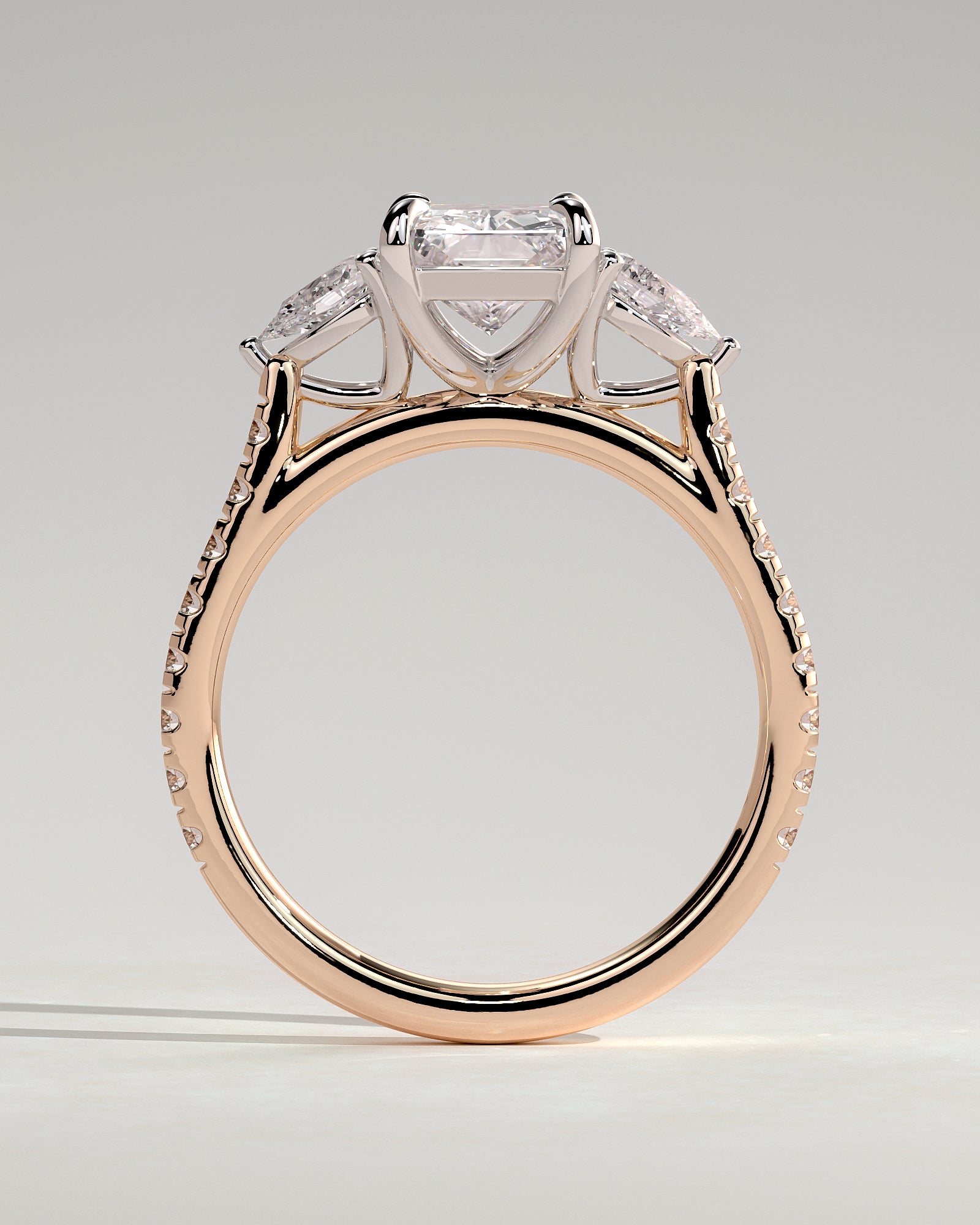 Ginny - Radiant Claw Trilogy with Pear Side Stones and Pave Band Engagement Ring - Rose Two-Tone - Rose Two-Tone 2ct