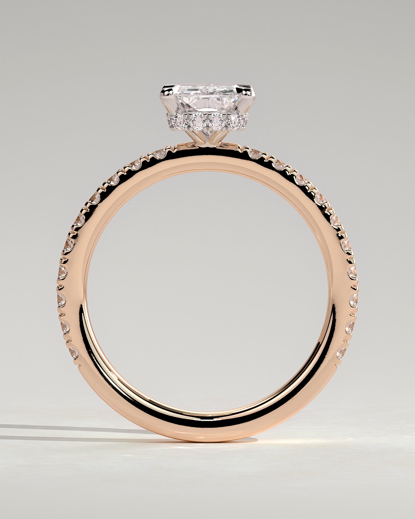 Ellie - Radiant Claw Solitaire with Wrap Around Hidden Halo and Pave Band Engagement Ring - Rose Two-Tone - Rose Two-Tone 2ct