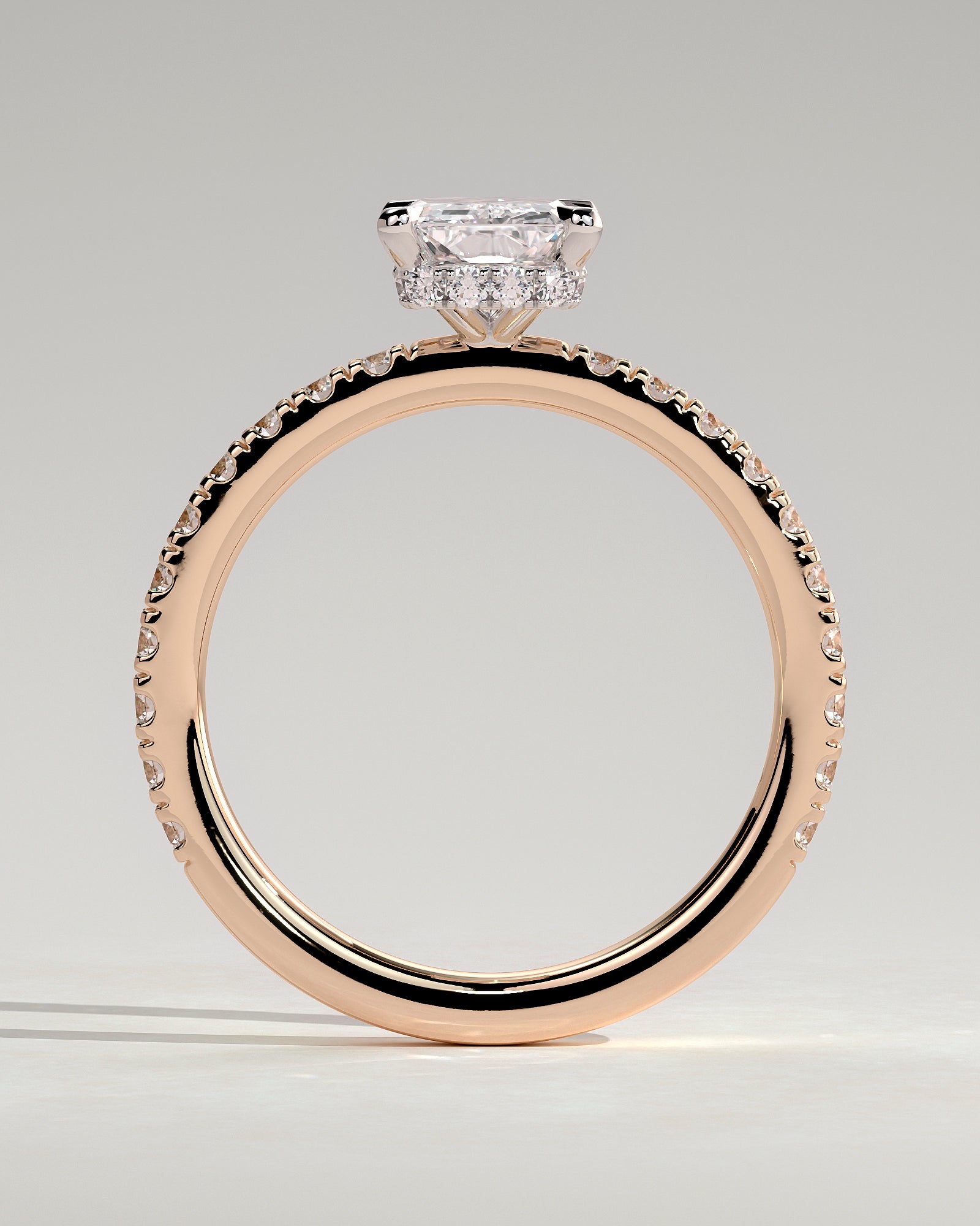 Ellie - Radiant Claw Solitaire with Wrap Around Hidden Halo and Pave Band Engagement Ring - Rose Two-Tone - Rose Two-Tone 2ct