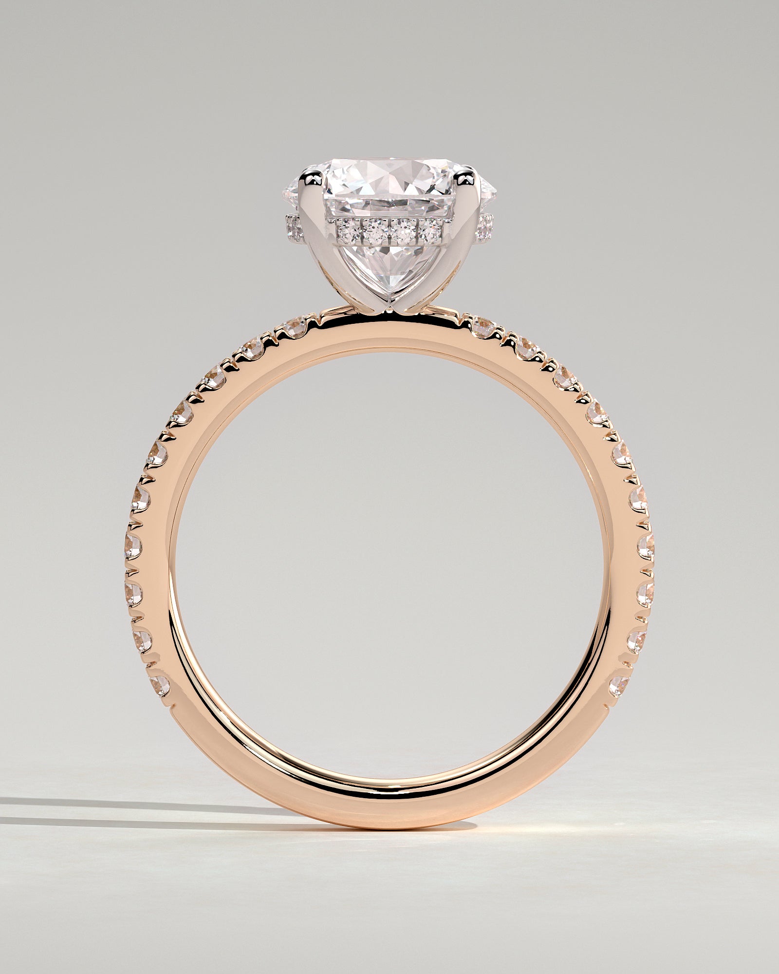 Charlie - Round Claw Solitaire with Hidden Halo and Pave Band Engagement Ring - Rose Two-Tone - Rose Two-Tone 2ct