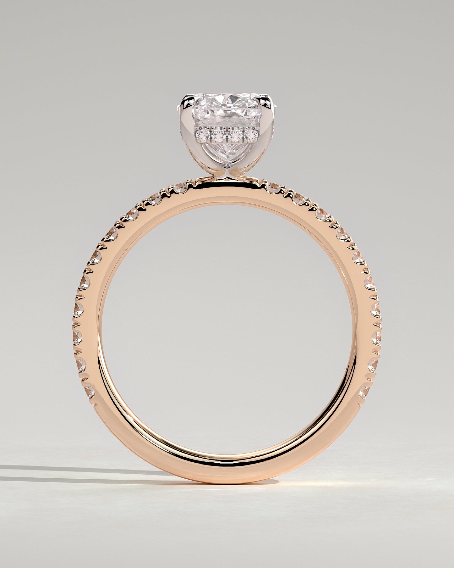 Camilla - Elongated Cushion Claw Solitaire with Hidden Halo and Pave Band Engagement Ring - Rose Two-Tone - Rose Two-Tone 2ct