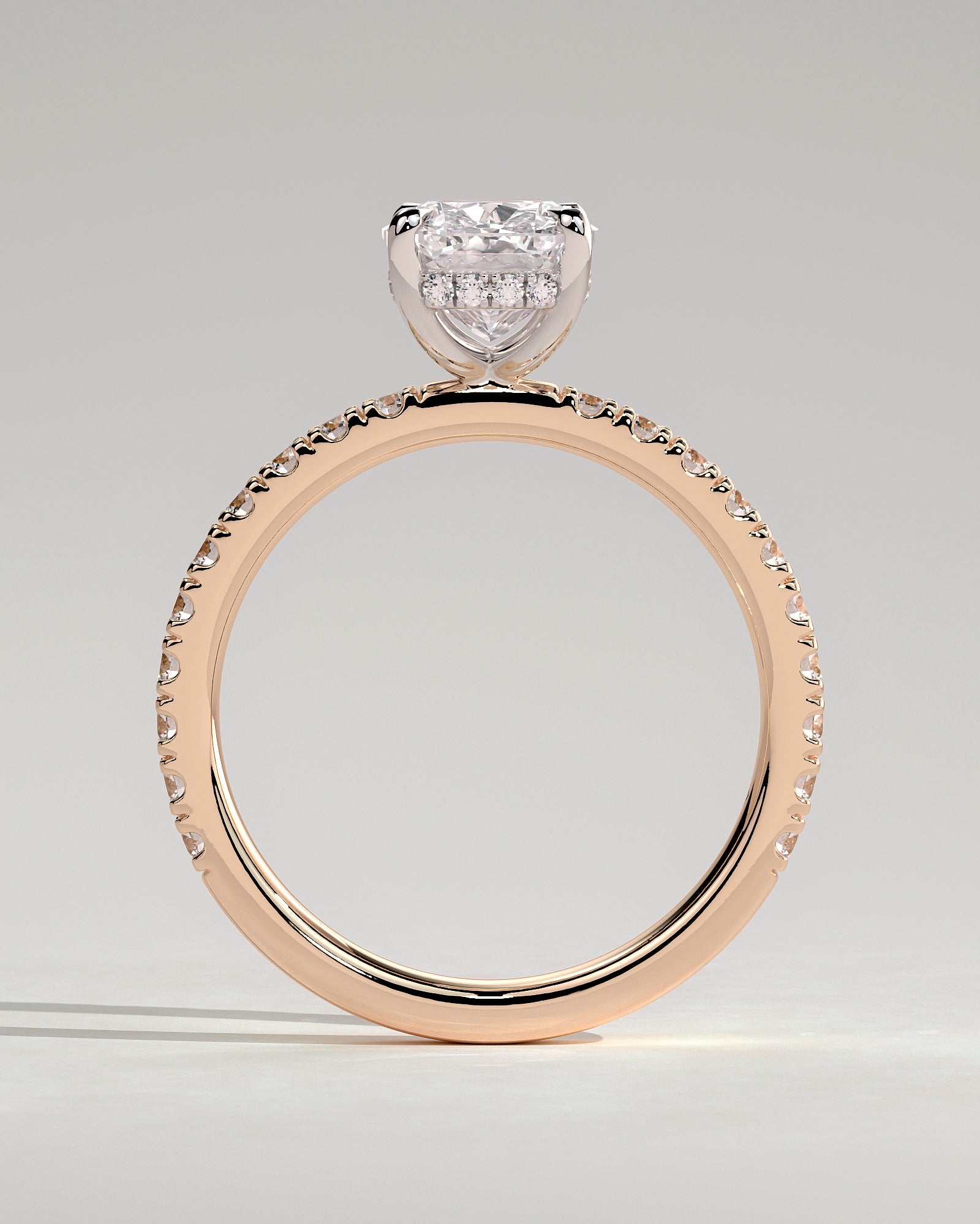 Camilla - Elongated Cushion Claw Solitaire with Hidden Halo and Pave Band Engagement Ring - Rose Two-Tone - Rose Two-Tone 2ct
