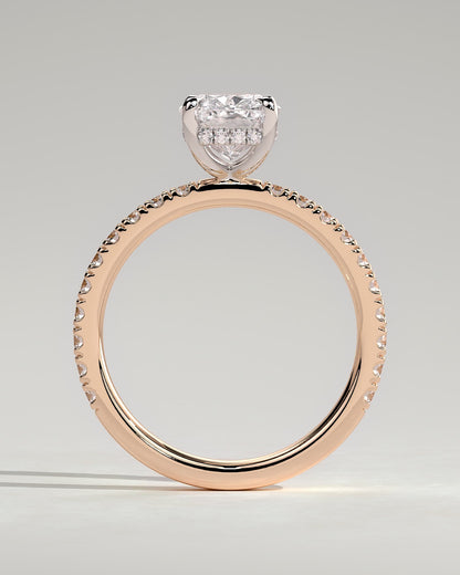 Camilla - Elongated Cushion Claw Solitaire with Hidden Halo and Pave Band Engagement Ring - Rose Two-Tone