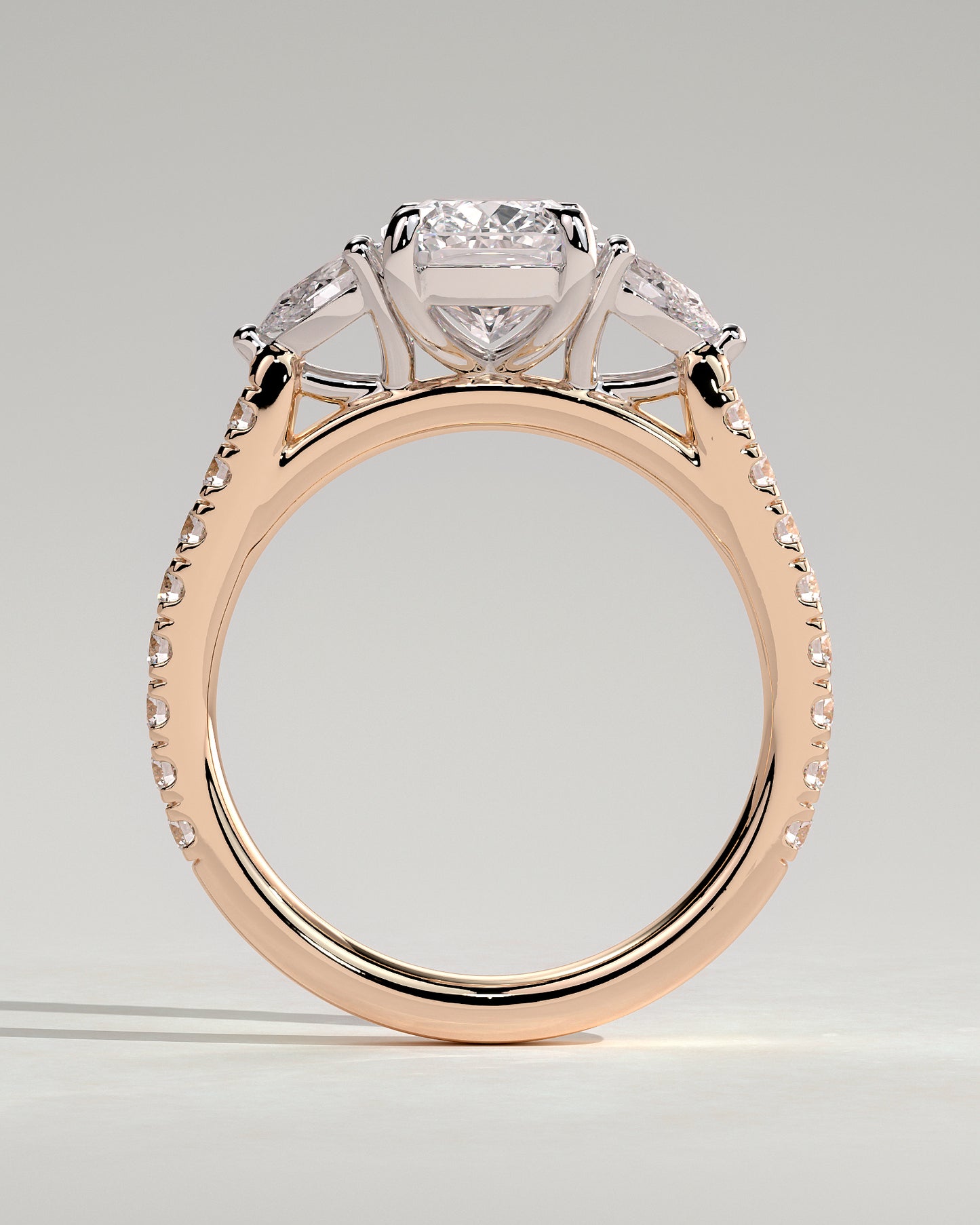 Bree - Elongated Cushion Claw Trilogy with Pear Side Stones and Pave Band Engagement Ring - Rose Two-Tone - Rose Two-Tone 2ct