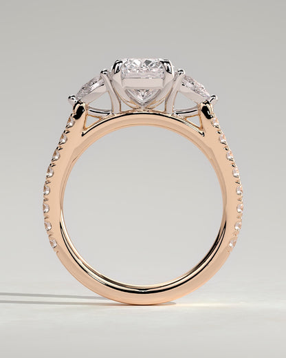 Bree - Elongated Cushion Claw Trilogy with Pear Side Stones and Pave Band Engagement Ring - Rose Two-Tone