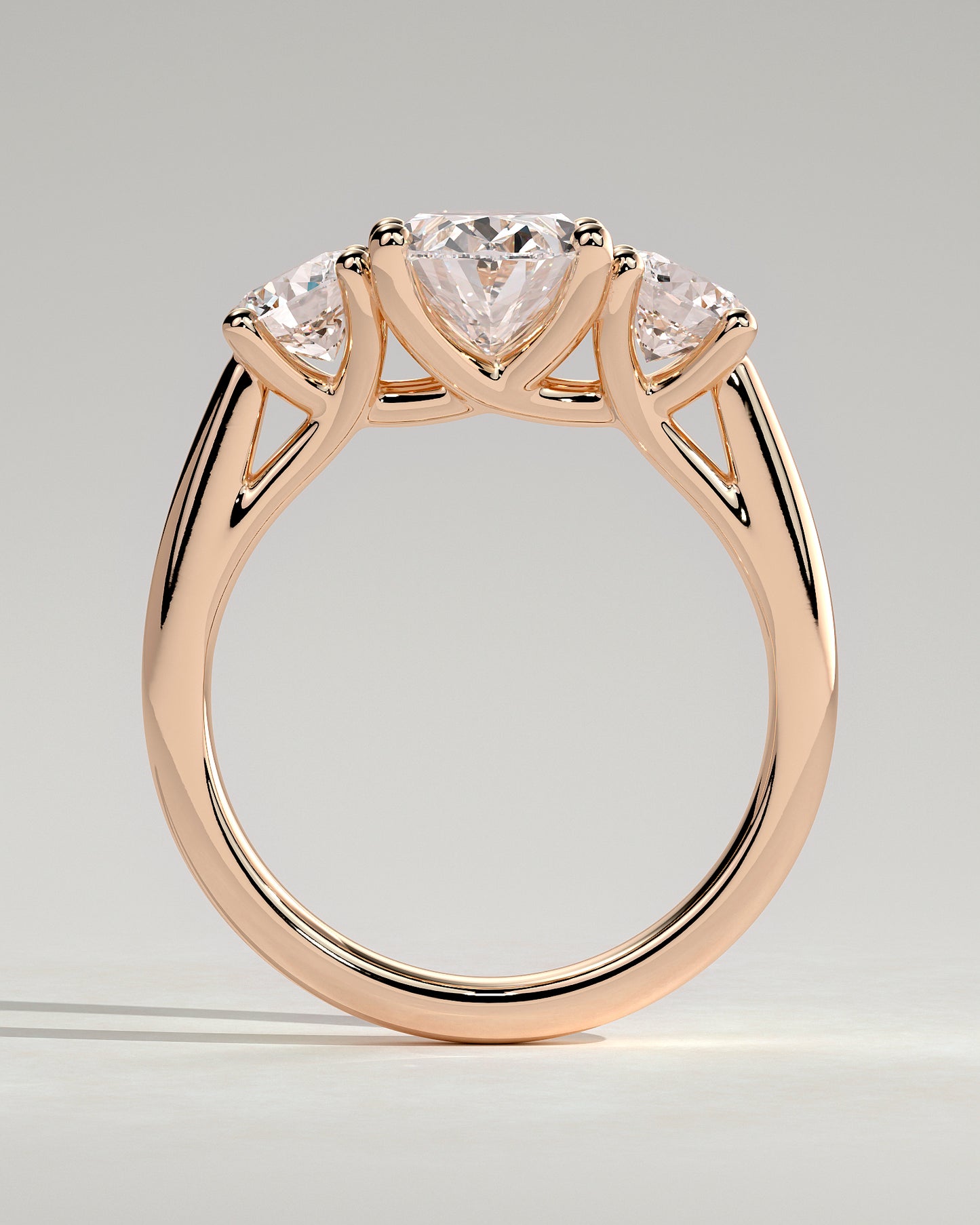 Grace - Oval Claw Trilogy with Round Side Stones, Open Trellis Gallery and Tapered Band Engagement Ring - Rose Gold - Rose Gold 2ct