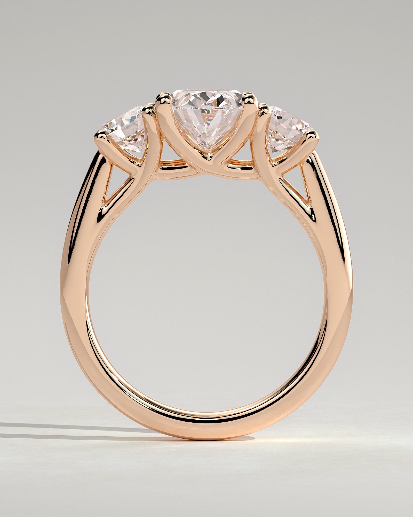 Grace - Oval Claw Trilogy with Round Side Stones, Open Trellis Gallery and Tapered Band Engagement Ring - Rose Gold - Rose Gold 2ct