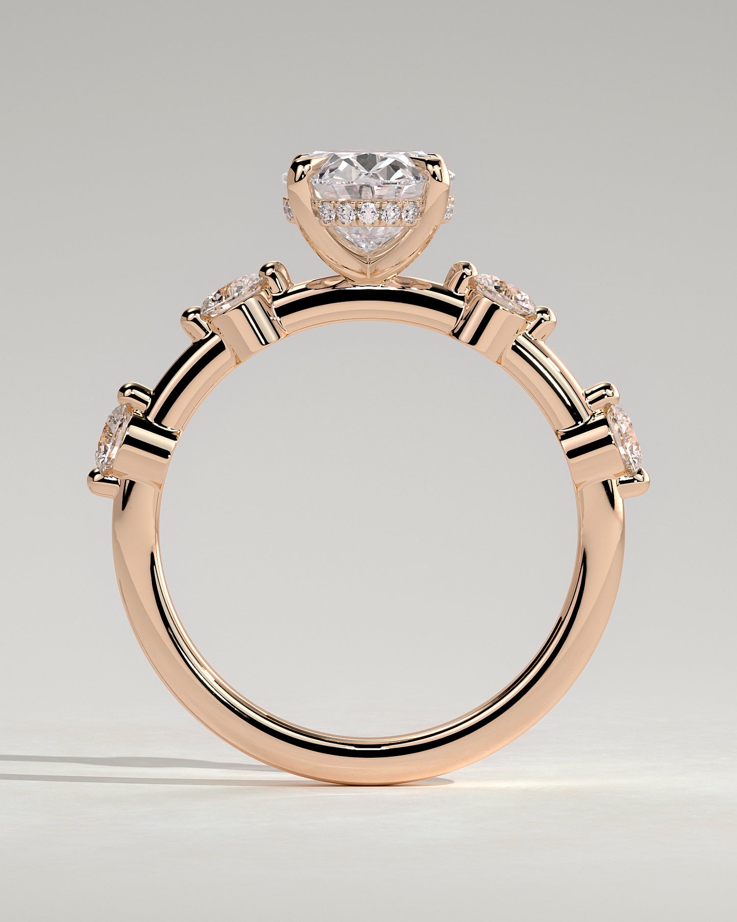Arwen - Oval Claw Solitaire with 4 Spaced Round Accent Stones and Hidden Halo Engagement Ring - Rose Gold - Rose Gold 2ct