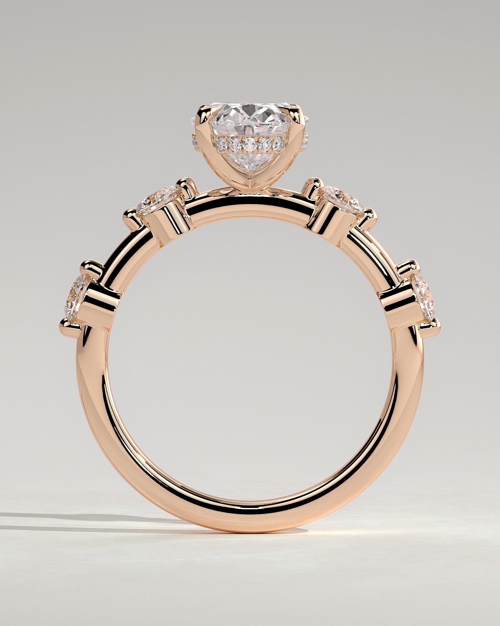 Arwen - Oval Claw Solitaire with 4 Spaced Round Accent Stones and Hidden Halo Engagement Ring - Rose Gold - Rose Gold 2ct