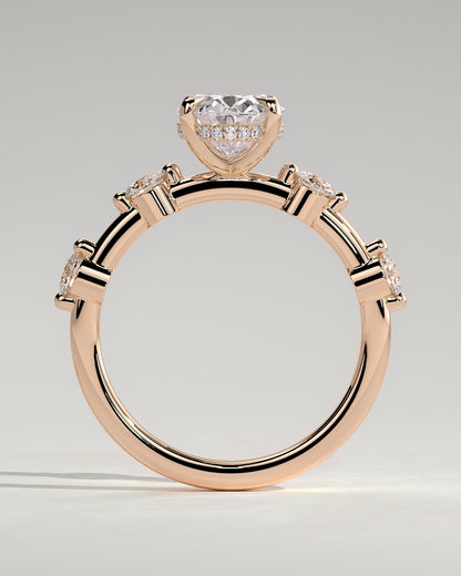 Arwen - Oval Claw Solitaire with 4 Spaced Round Accent Stones and Hidden Halo Engagement Ring - Rose Gold