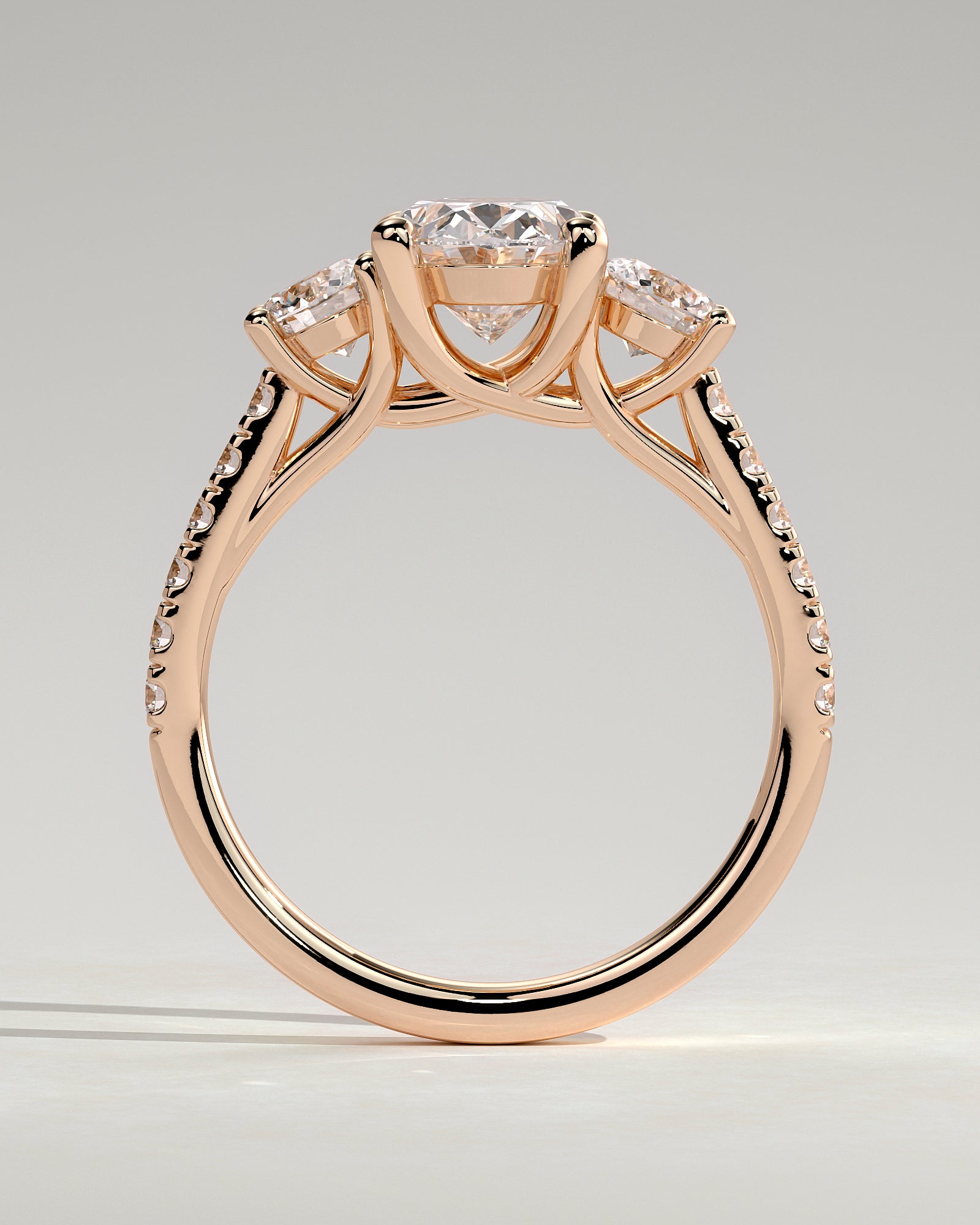 Aviana - Oval Claw Trilogy with Round Side Stones, Pave Band and Trellis Gallery  Engagement Ring - Rose Gold - Rose Gold 2ct