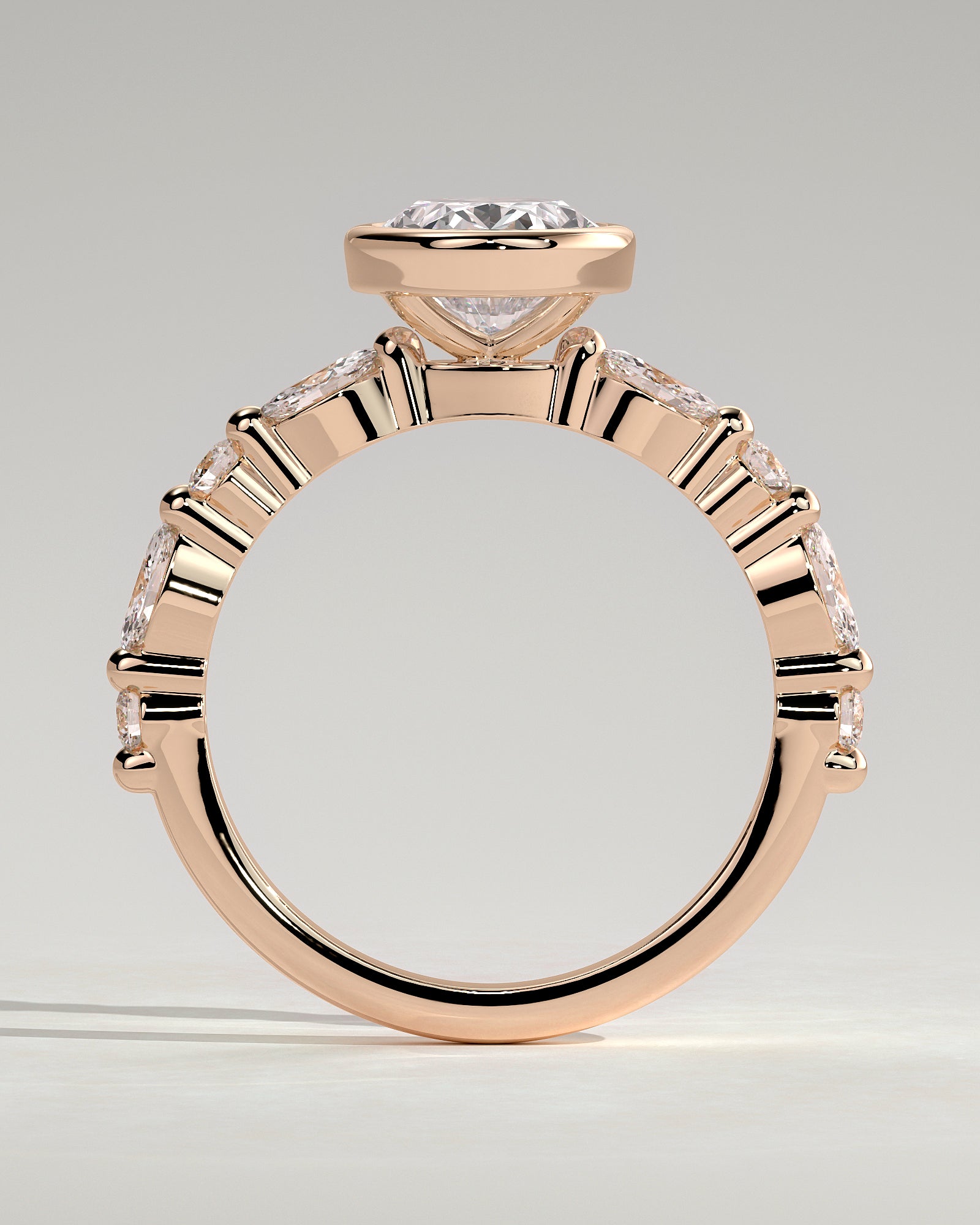 Aylin - Oval Bezel Solitaire with Marquise-Round Accent Stones Engagement Ring - Rose Gold - Rose Gold 2ct