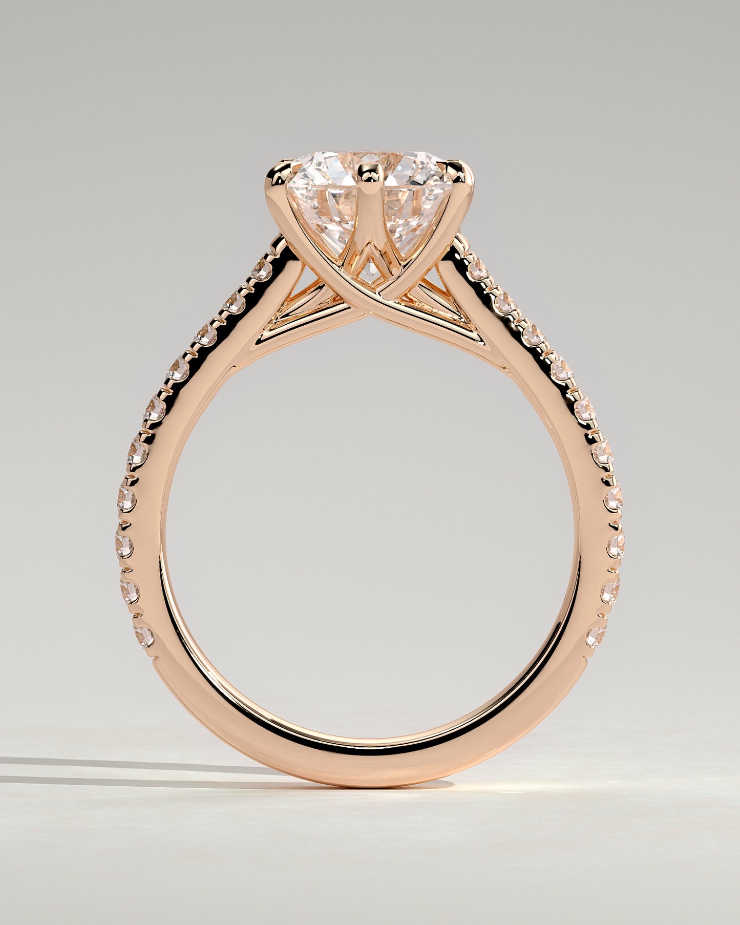Briar - Round Claw Solitaire with Trellis Gallery, Pave Band and Cathedral Low Setting Engagement Ring - Rose Gold - Rose Gold 2ct