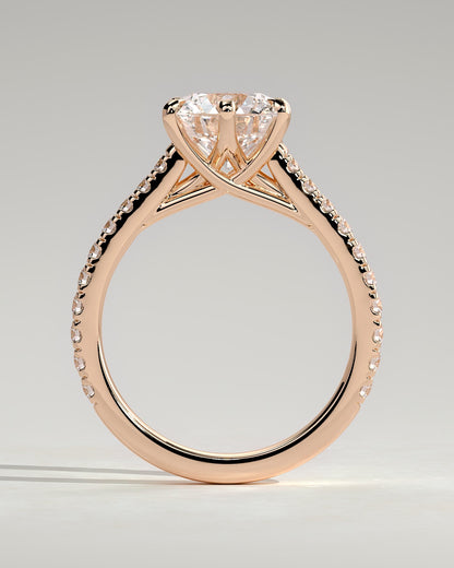 Briar - Round Claw Solitaire with Trellis Gallery, Pave Band and Cathedral Low Setting Engagement Ring - Rose Gold