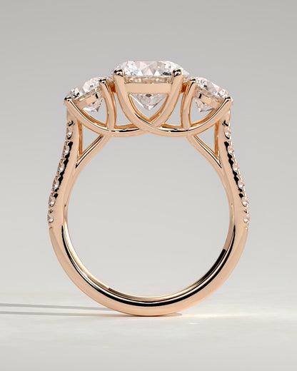 Ella - Round Claw Trilogy with Round Side Stones, Pave Band and Trellis Gallery  Engagement Ring - Rose Gold