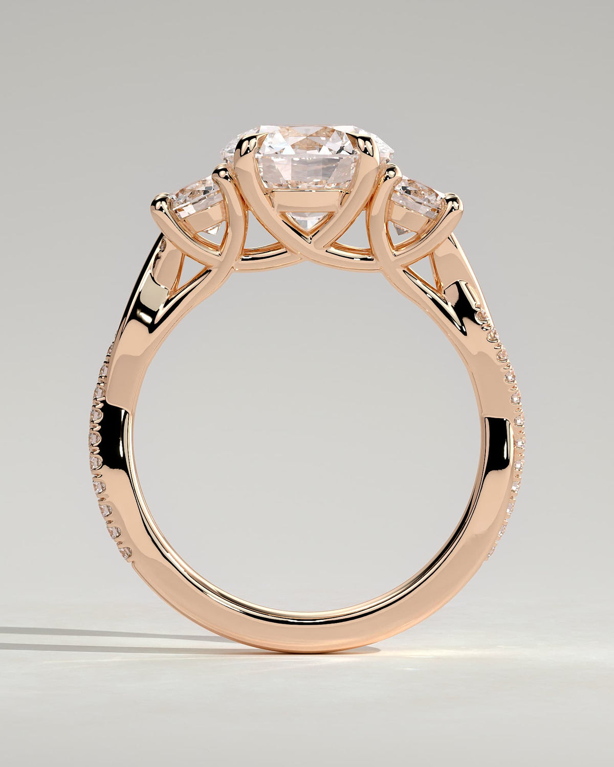 Jaylene - Round Claw Trilogy with Round Side Stones, Twisted Pave Band and Trellis Gallery Engagement Ring - Rose Gold
