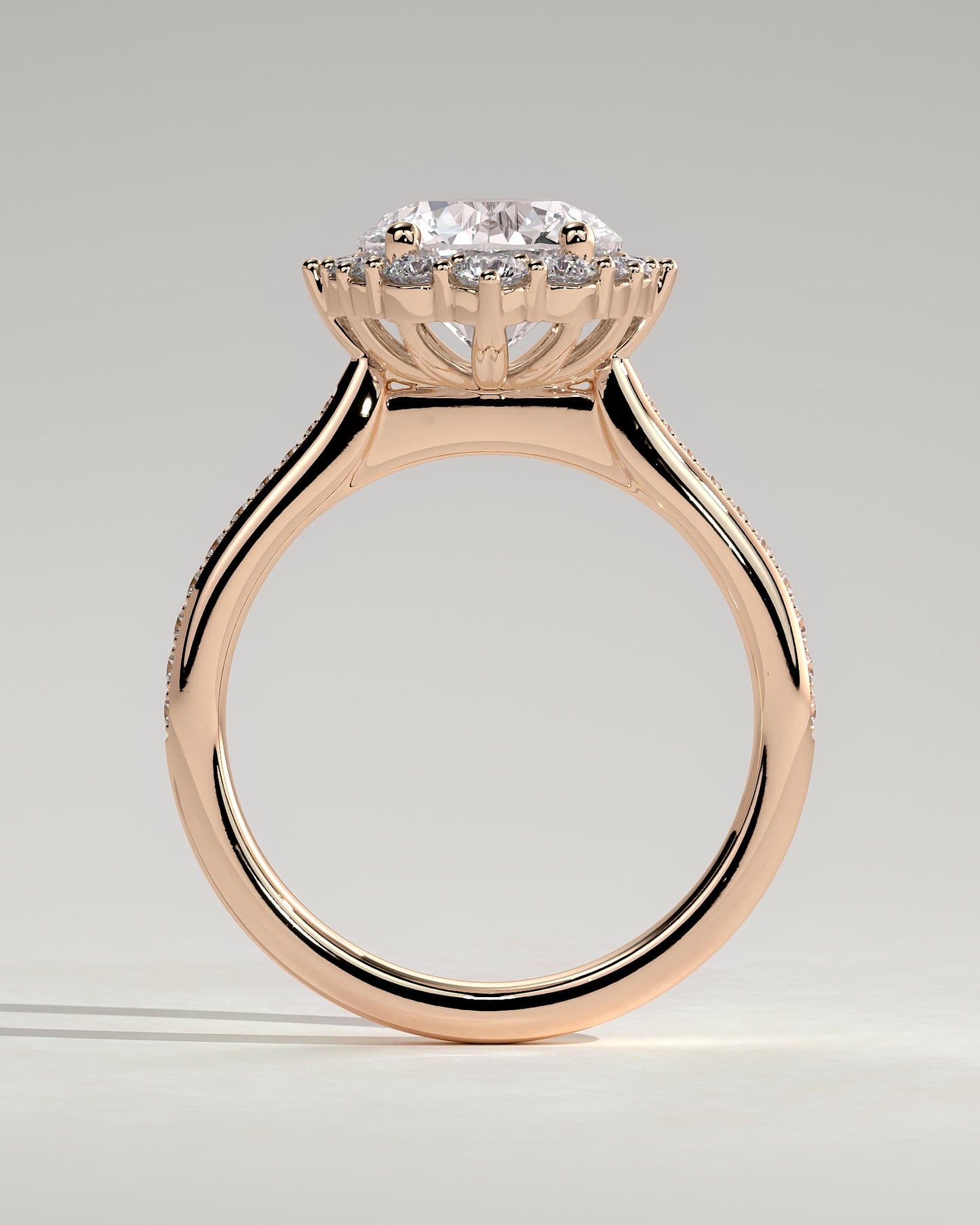 Jessica - Round Claw Solitaire with Graduating Halo and Bead Set Micropave and Tapered Band Engagement Ring - Rose Gold